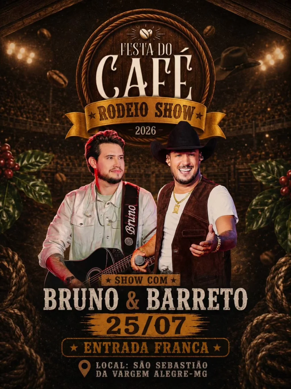 Bruno e Barretto na Festa do Cafe em Sao Sebastiao da Vargem Alegre 2026 - Bruno & Barretto cantando no palco principal da Festa do Café Rodeio Show