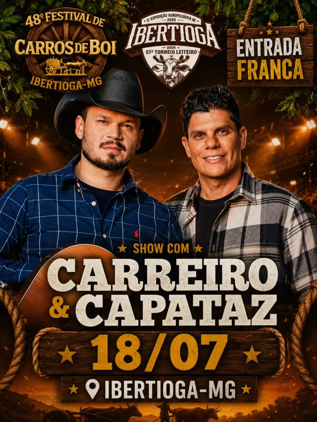 Carreiro e Capataz na Expo Ibertioga 2026 - Dupla Carreiro & Capataz cantando modões de viola no palco