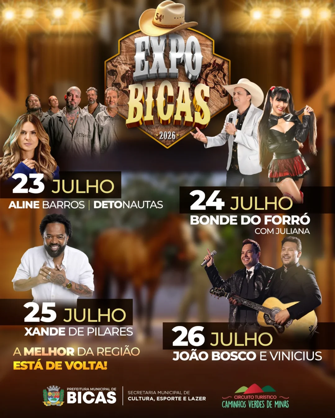 Expo Bicas 2026 - Cartaz da 54ª Exposição Agropecuária de Bicas com Xande de Pilares