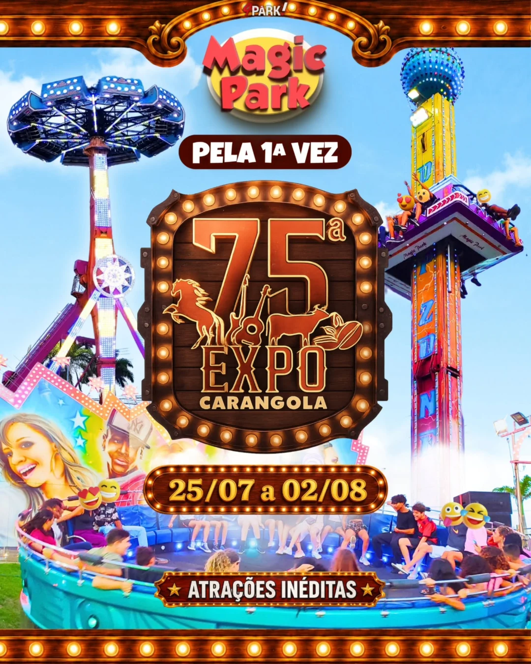 Expo Carangola 2026 - Magic Park iluminado com brinquedos e publico na Expo Carangola