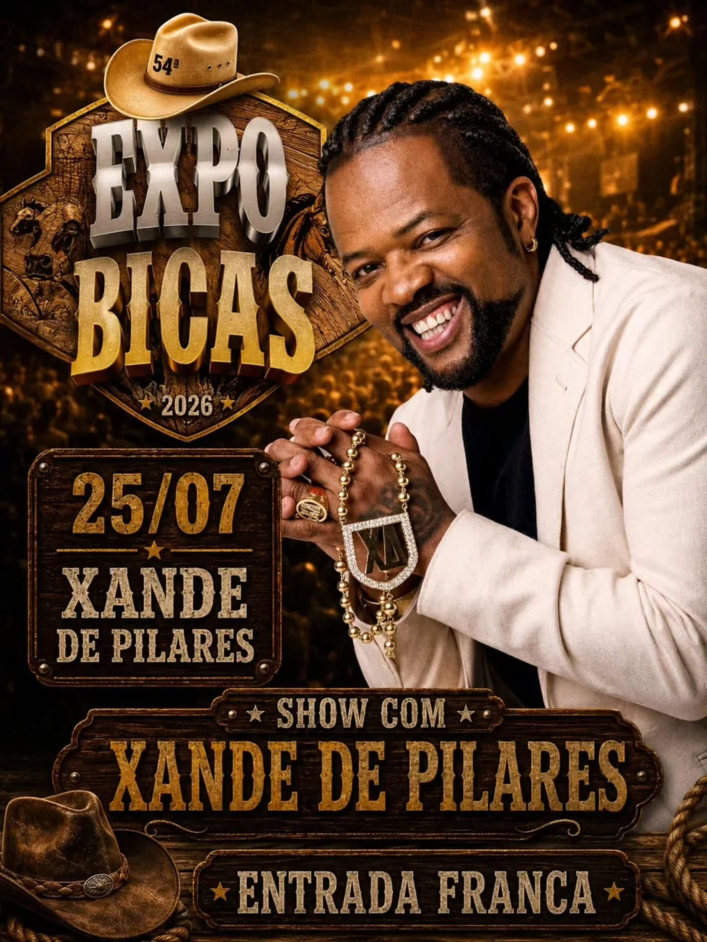 Xande de Pilares na Expo Bicas 2026 - Xande de Pilares cantando no palco da Expo Bicas