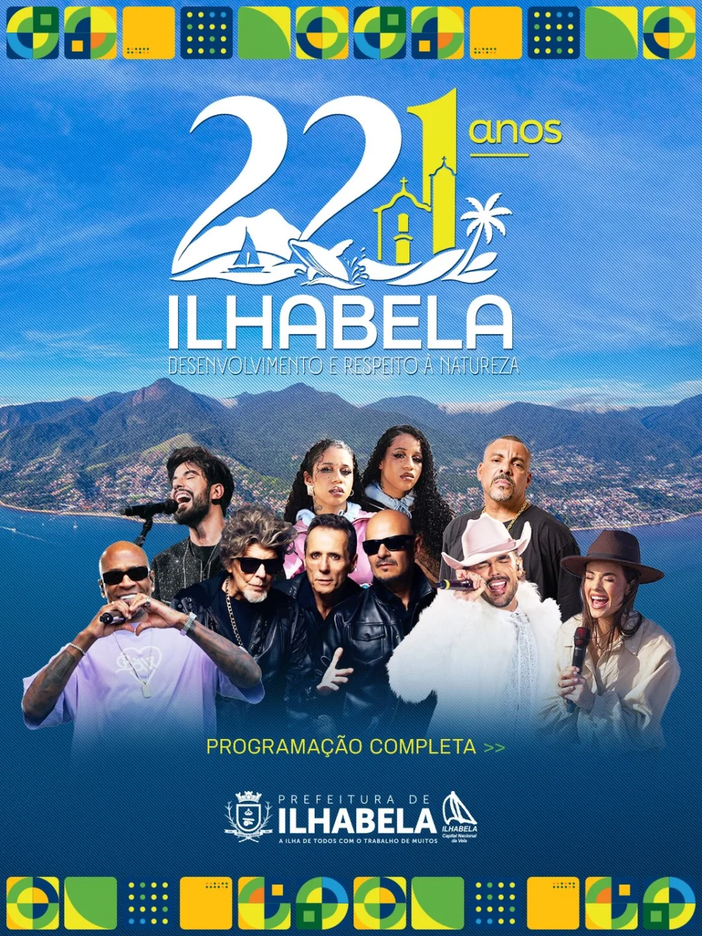 Aniversário de Ilhabela 2026 - Cartaz oficial da festa de 221 anos com shows gratuitos