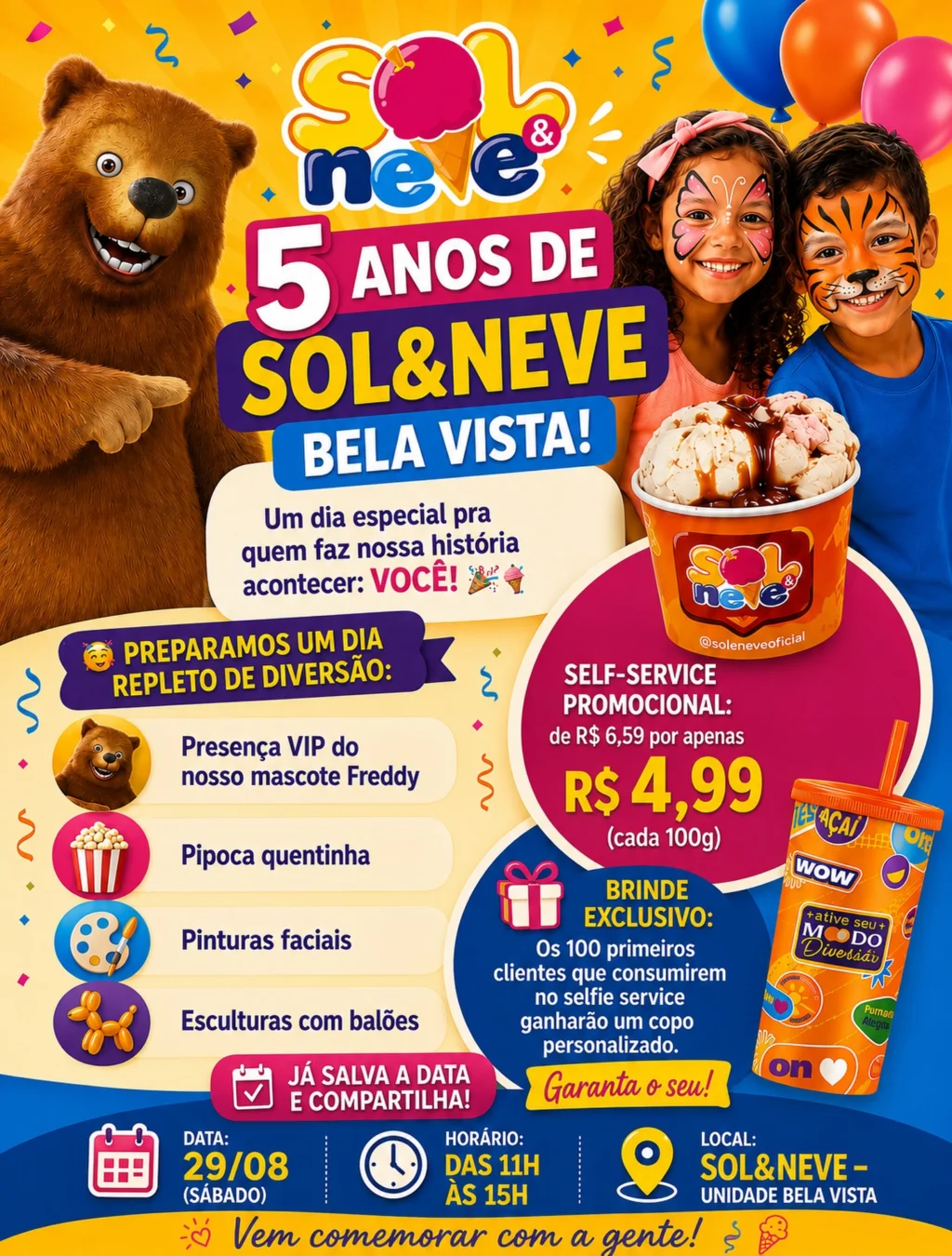 Aniversário Sol & Neve Leopoldina 2026 - Cartaz oficial de 5 anos da unidade Bela Vista
