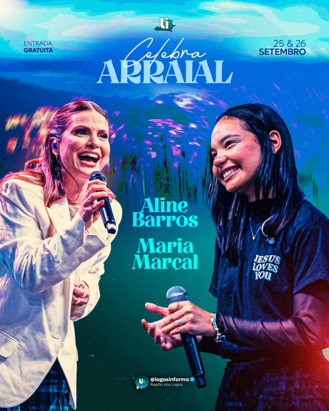 Celebra Arraial 2026 em Arraial do Cabo - Cartaz dos shows gospel de Aline Barros e Maria Marçal