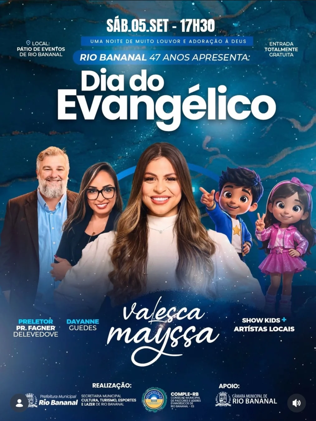 Dia do Evangélico de Rio Bananal 2026: Shows e Louvor 1 Dia do Evangélico de Rio Bananal 2026 com show de Valesca Mayssa