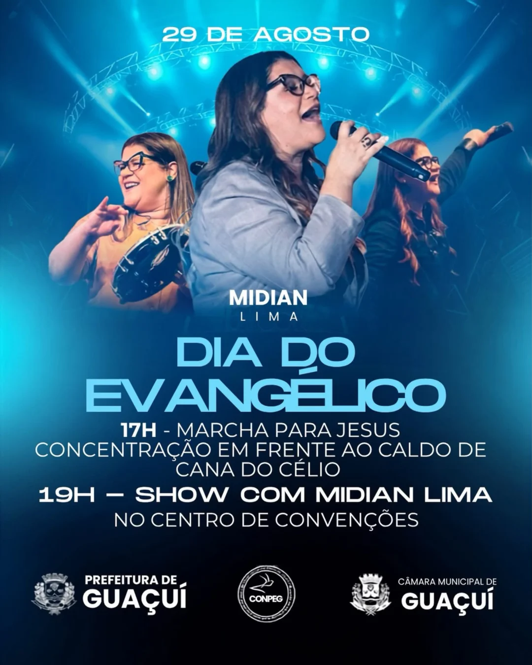 Dia do Evangélico Guaçuí 2026 - Cartaz oficial da celebração festiva com show de Midian Lima