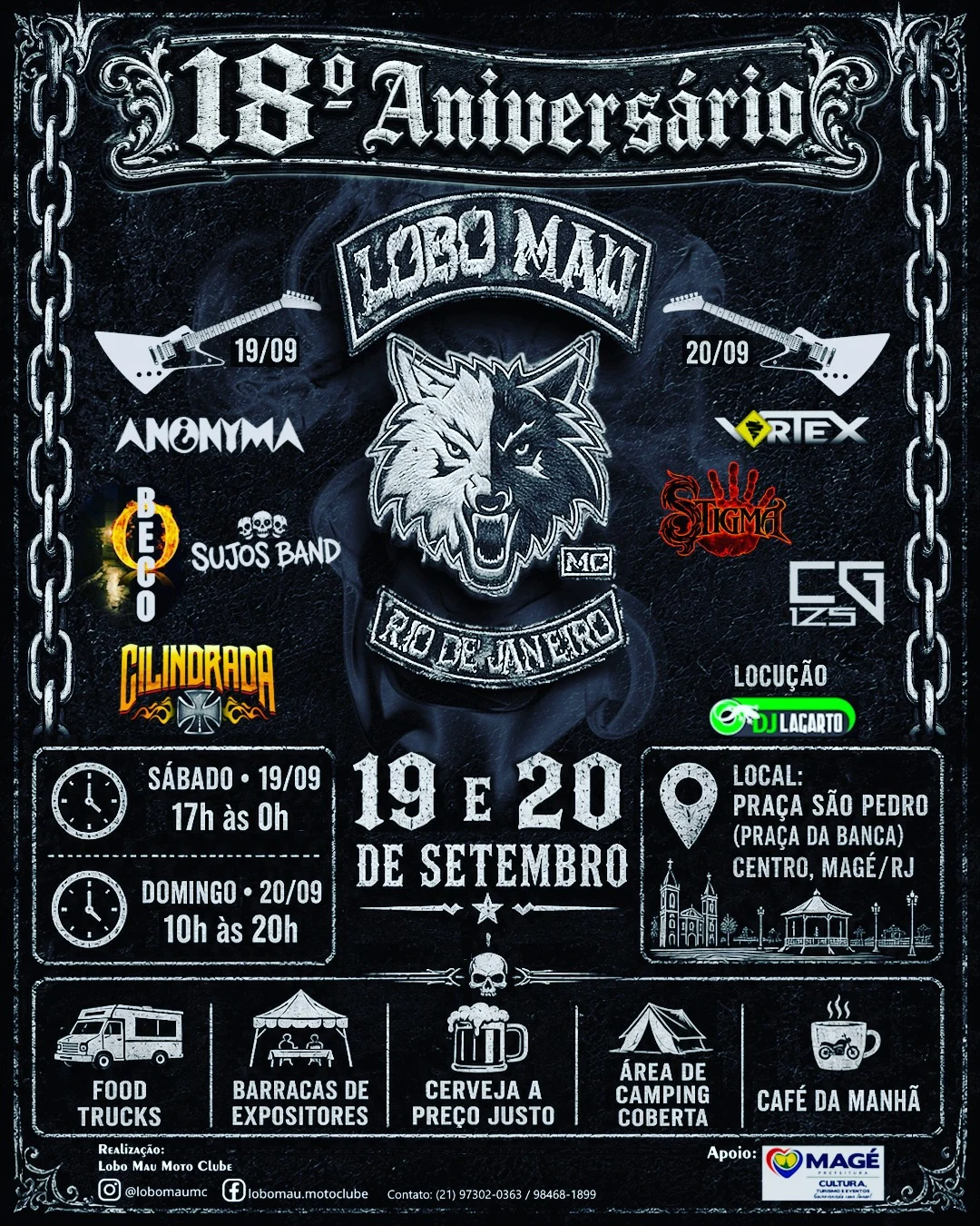 Encontro Lobo Mau MC Magé 2026: Aniversário 1 Encontro Lobo Mau MC Magé 2026 - Cartaz oficial do aniversário de maioridade do motoclube em Magé