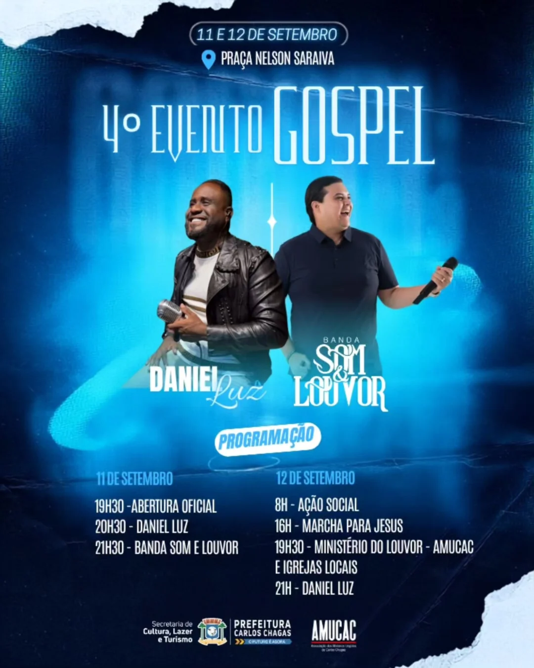 Evento Gospel de Carlos Chagas 2026 - Cartaz oficial das atrações musicais e marcha para Jesus