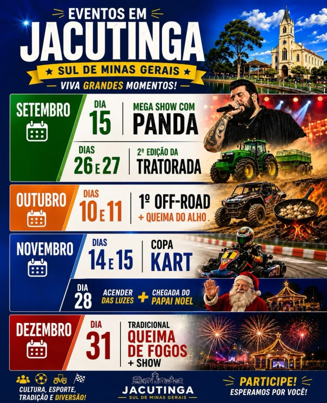 Eventos Jacutinga 2026 - Cartaz oficial com o calendário de festas, esportes e réveillon