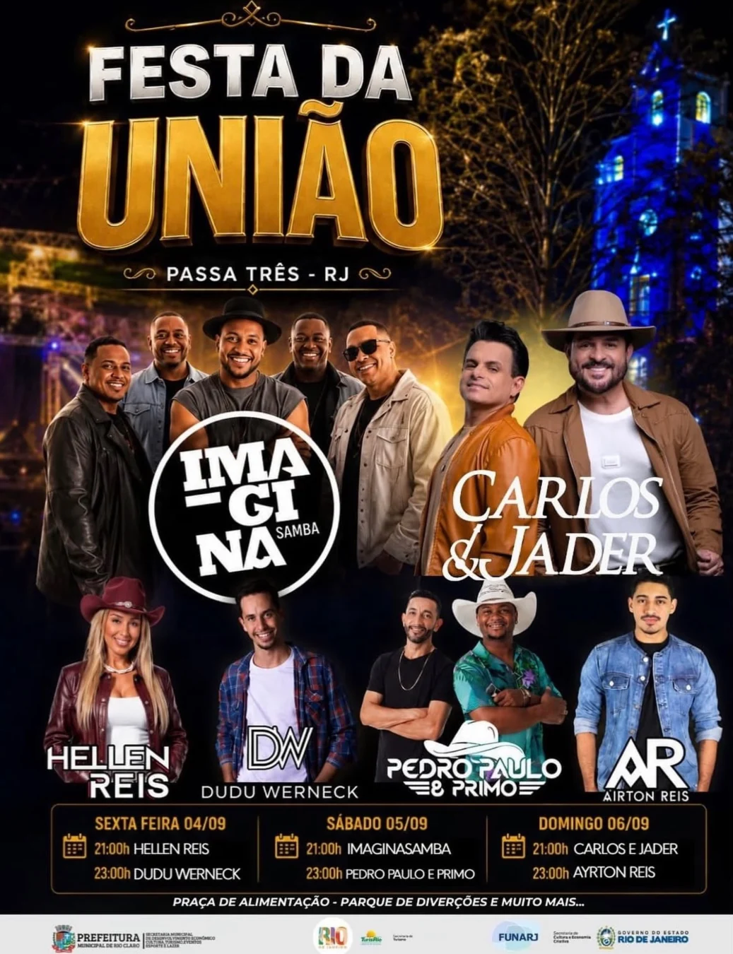 Festa da União Passa Três 2026 - Cartaz oficial do evento com a programação de shows gratuitos