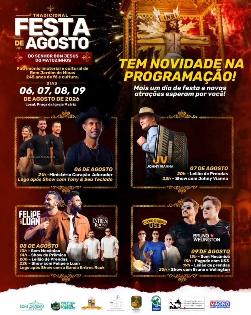 Festa de Agosto Bom Jardim de Minas 2026: Programação