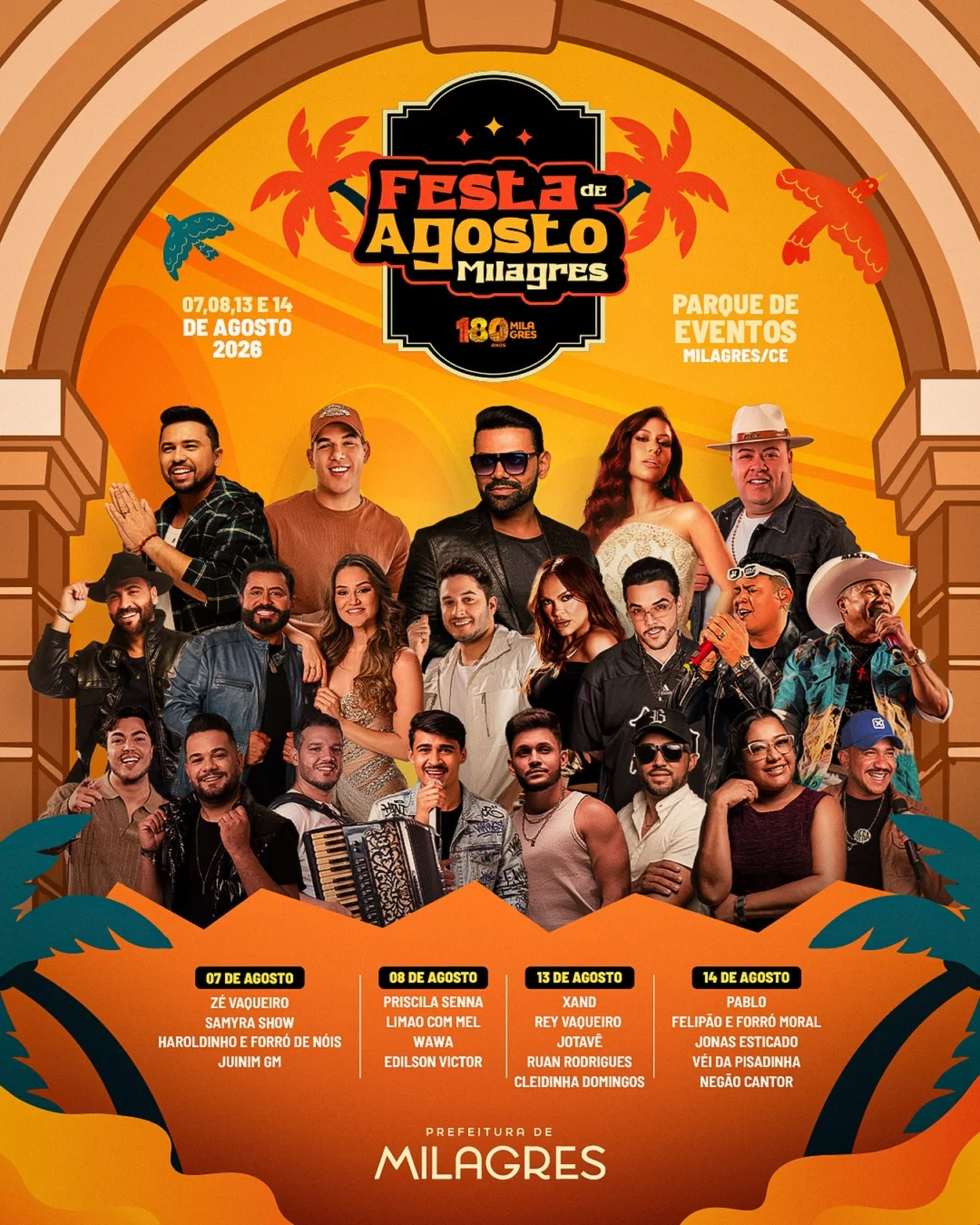 Cartaz oficial da Festa de Agosto de Milagres 2026 comemorando 180 anos da cidade