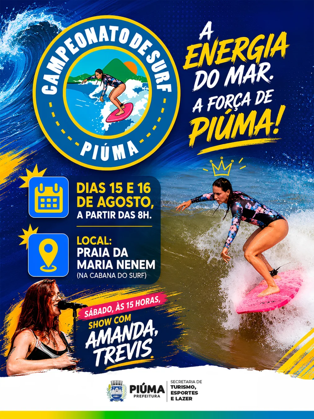 Festival de Surf de Piúma 2026 - Cartaz do campeonato de surf e show da Amanda Trevis