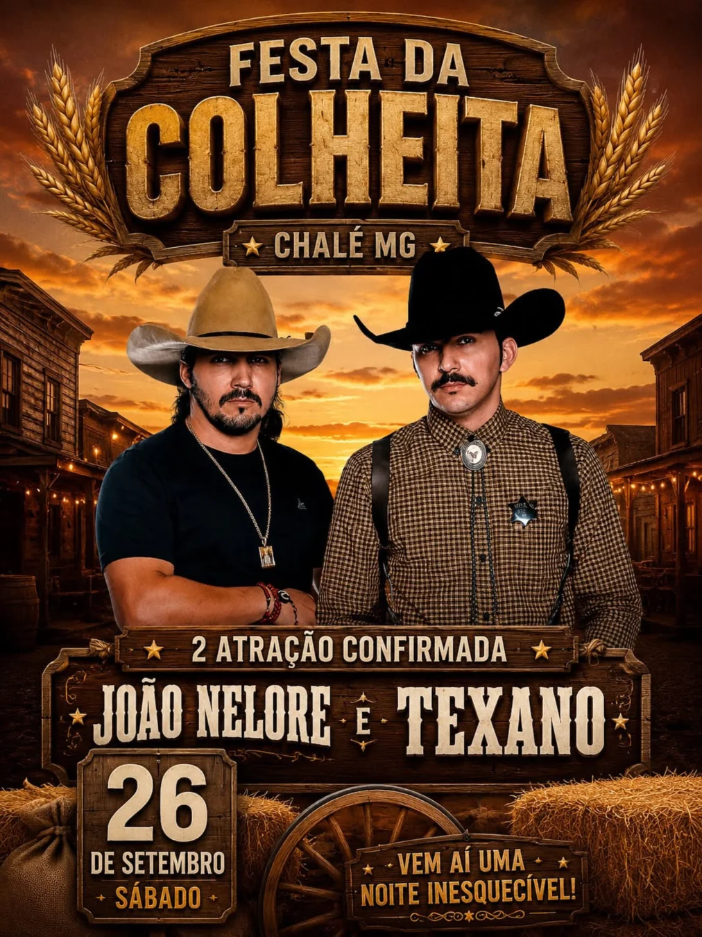 João Nelore e Texano Chalé 2026 - Cartaz oficial da 2ª atração confirmada na Festa da Colheita em Chalé MG