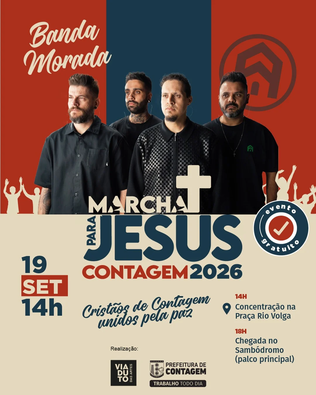 Marcha para Jesus Contagem 2026 - Cartaz do evento gospel com a Banda Morada