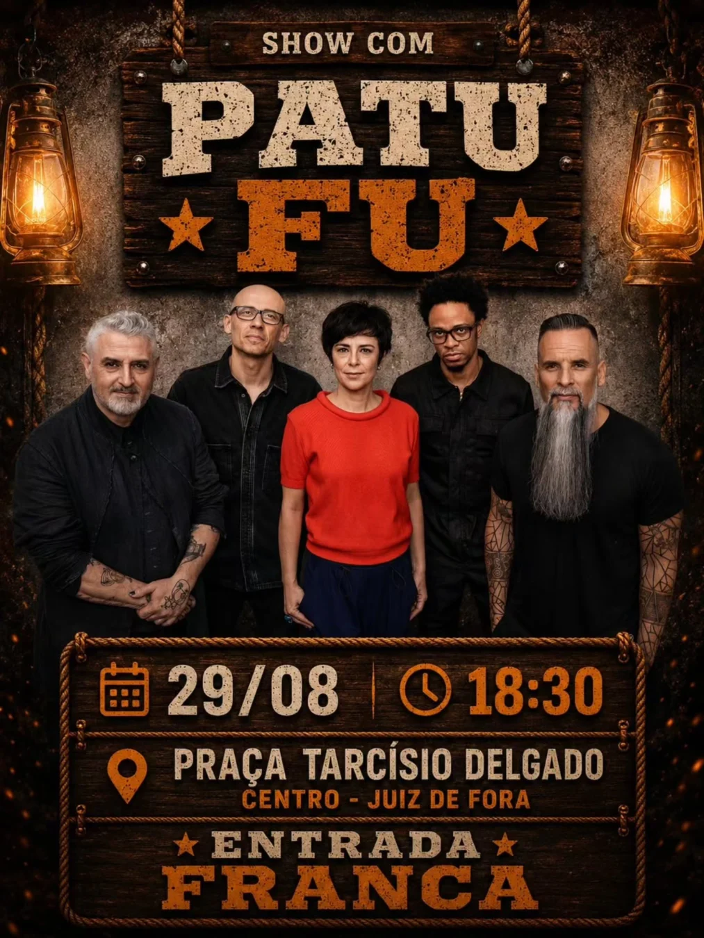 Pato Fu em Juiz de Fora 2026 - Cartaz do show gratuito na Praça Tarcísio Delgado