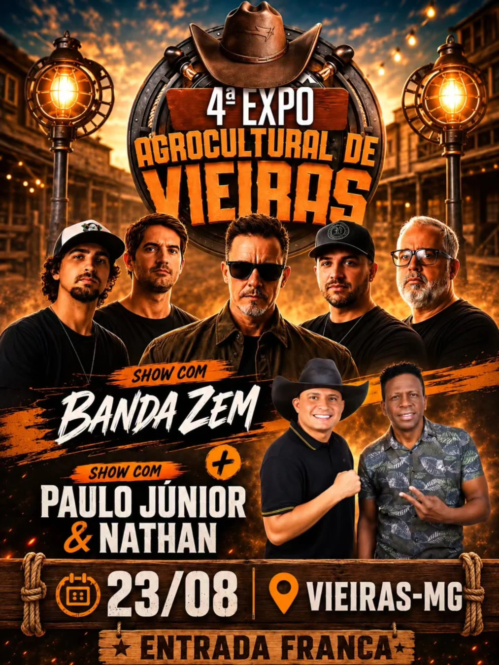 Saideira da Expo Vieiras 2026: Banda Zem e Shows 1 Saideira da Expo Vieiras 2026 - Cartaz do encerramento com Banda Zem e Paulo Júnior e Nathan