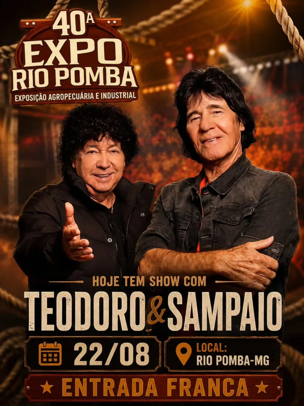 Teodoro e Sampaio Rio Pomba 2026 - Cartaz do show gratuito com a consagrada dupla sertaneja