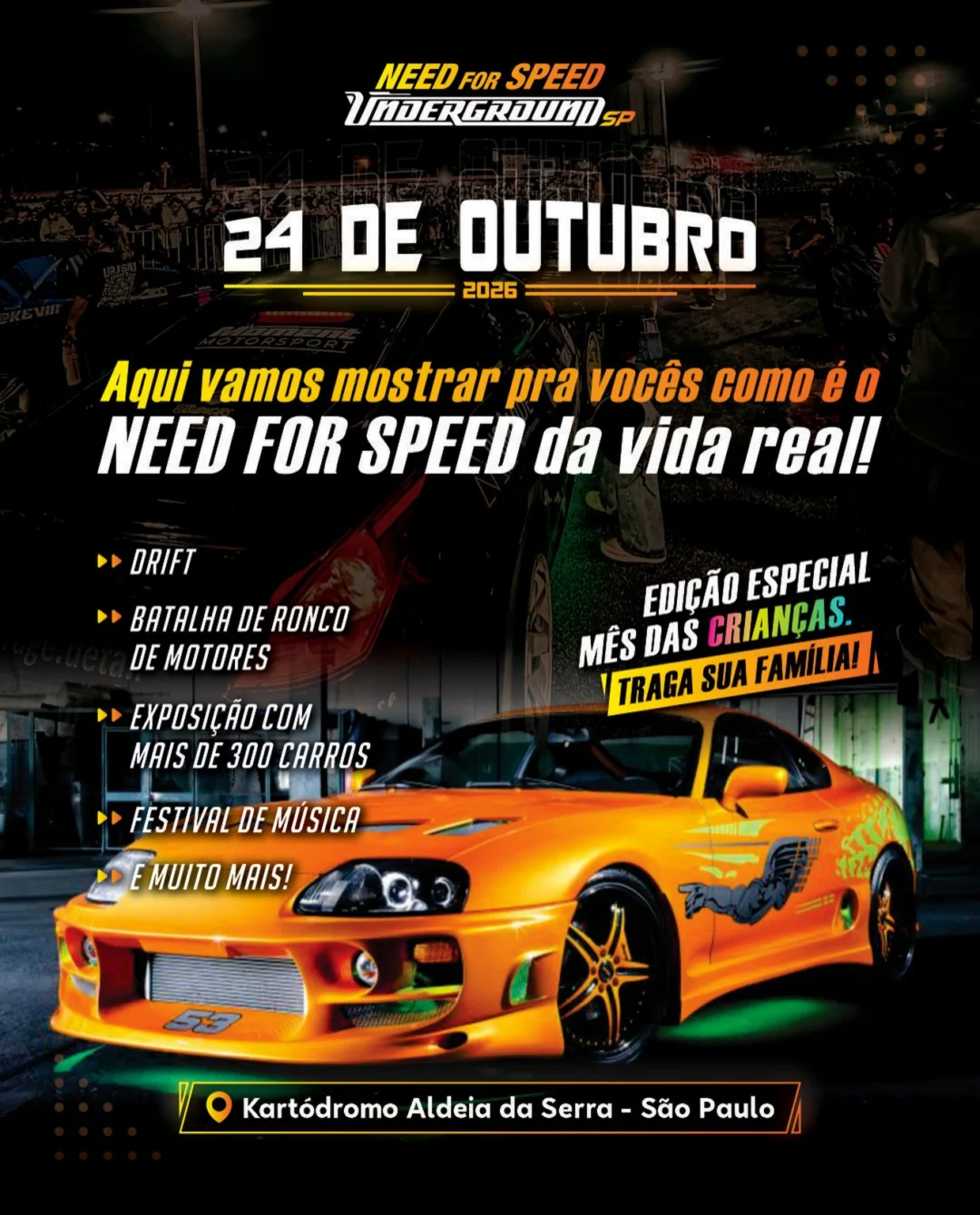 Underground SP 2026 no Kartódromo Aldeia da Serra - Cartaz do evento automotivo de carros raros e drift