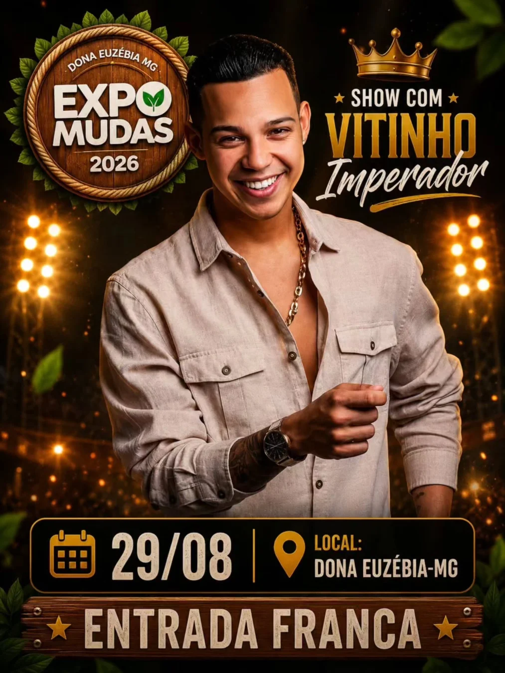 Vitinho Imperador Expo Mudas 2026 - Cartaz do show gratuito de piseiro