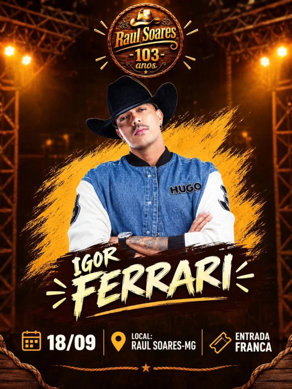 Aniversário Raul Soares 2026 - Cartaz oficial do show de Igor Ferrari no aniversário de 103 anos