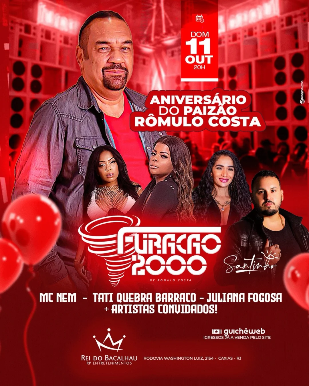 Aniversário Rômulo Costa 2026: Baile Furacão 2000 1 Aniversário Rômulo Costa 2026 - Cartaz oficial da festa da Furacão 2000 no Rei do Bacalhau em Duque de Caxias (RJ)