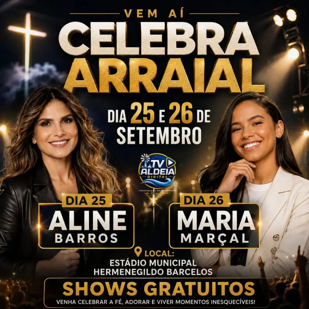 Celebra Arraial Arraial do Cabo 2026 - Cartaz oficial com Aline Barros e Maria Marçal