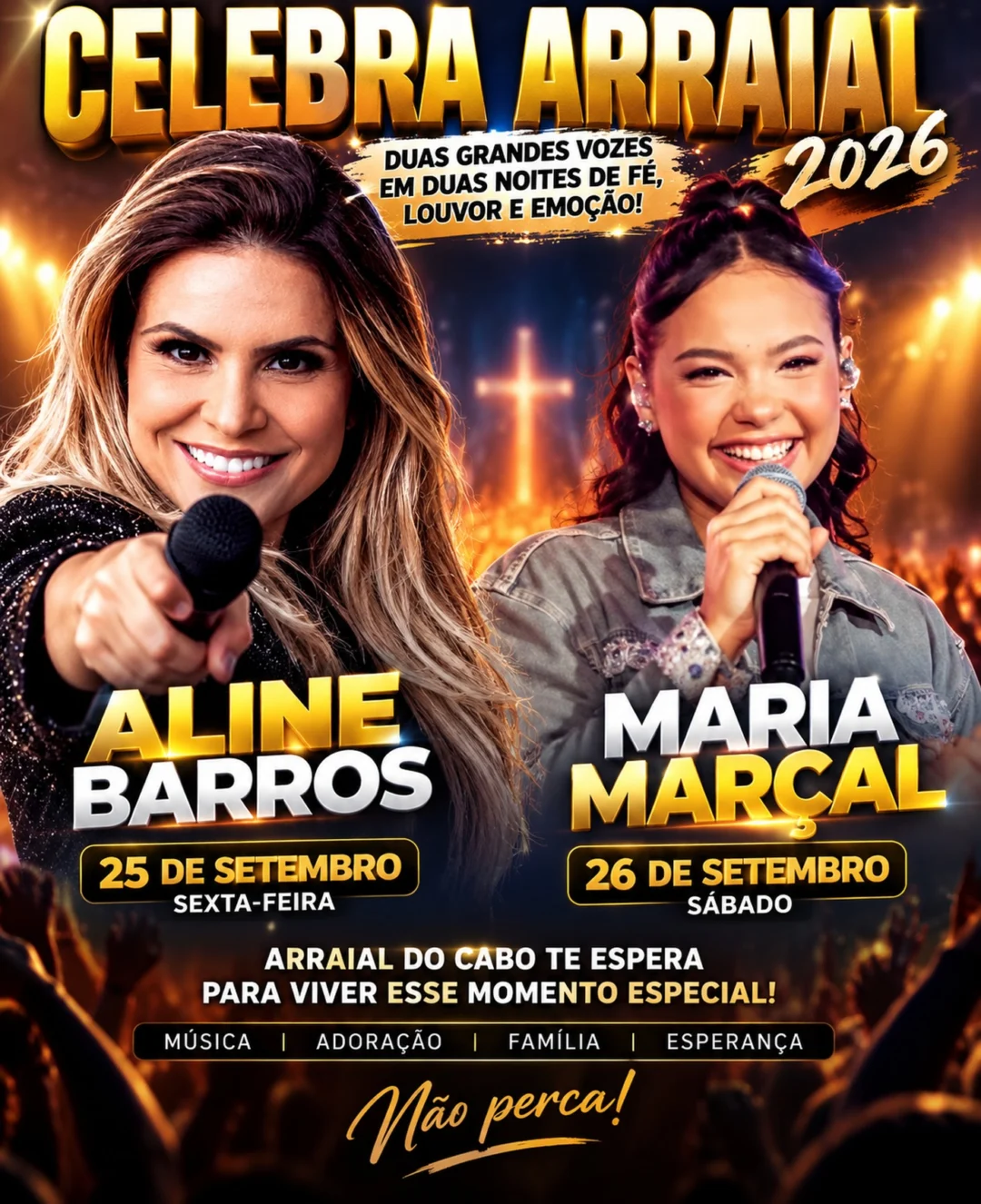 Celebra Arraial do Cabo 2026 - Cartaz oficial com Aline Barros e Maria Marçal