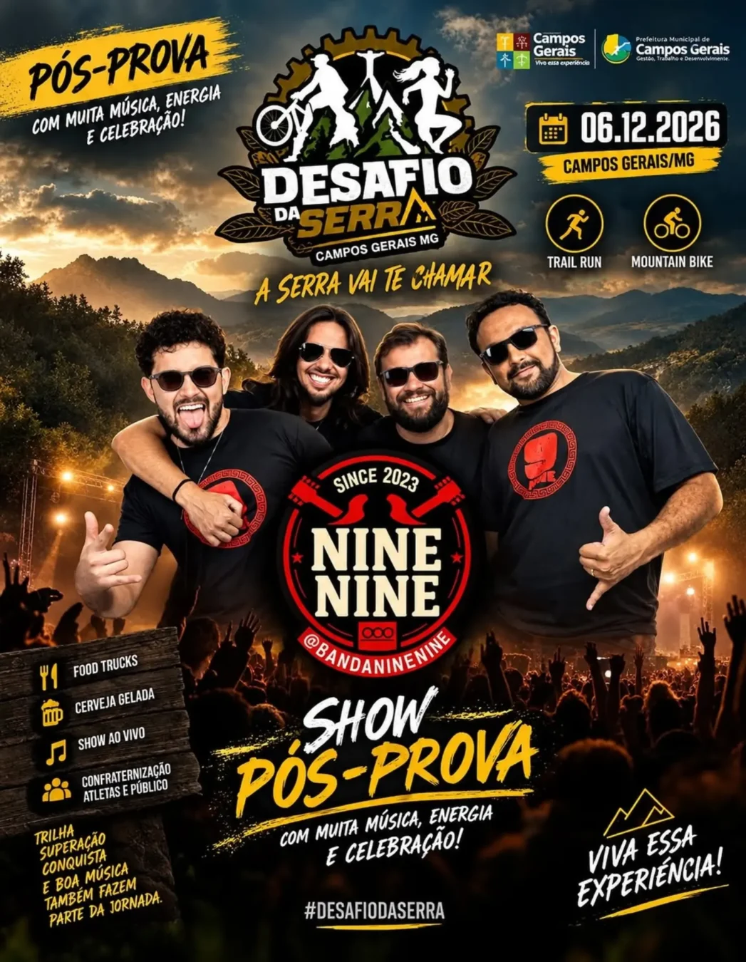 Desafio da Serra Campos Gerais 2026: Trail e MTB 1 Desafio da Serra Campos Gerais 2026 - Cartaz oficial do evento esportivo de Trail Run, MTB e show com a banda Nine Nine em Campos Gerais (MG)