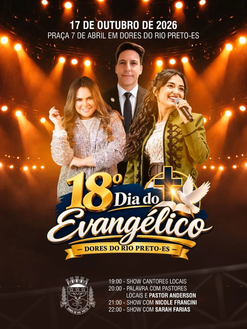 Dia do Evangélico Dores do Rio Preto 2026 cartaz com Sarah Farias e Nicole Francini