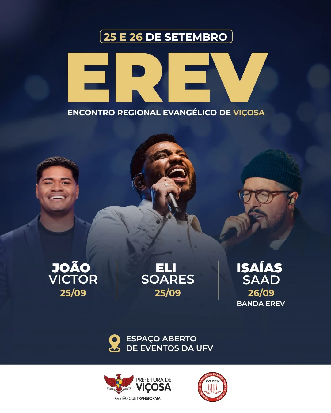 Encontro Evangélico de Viçosa 2026: Eli Soares 1 Encontro Evangélico de Viçosa 2026 - Cartaz oficial do evento EREV na UFV com Eli Soares e Isaías Saad