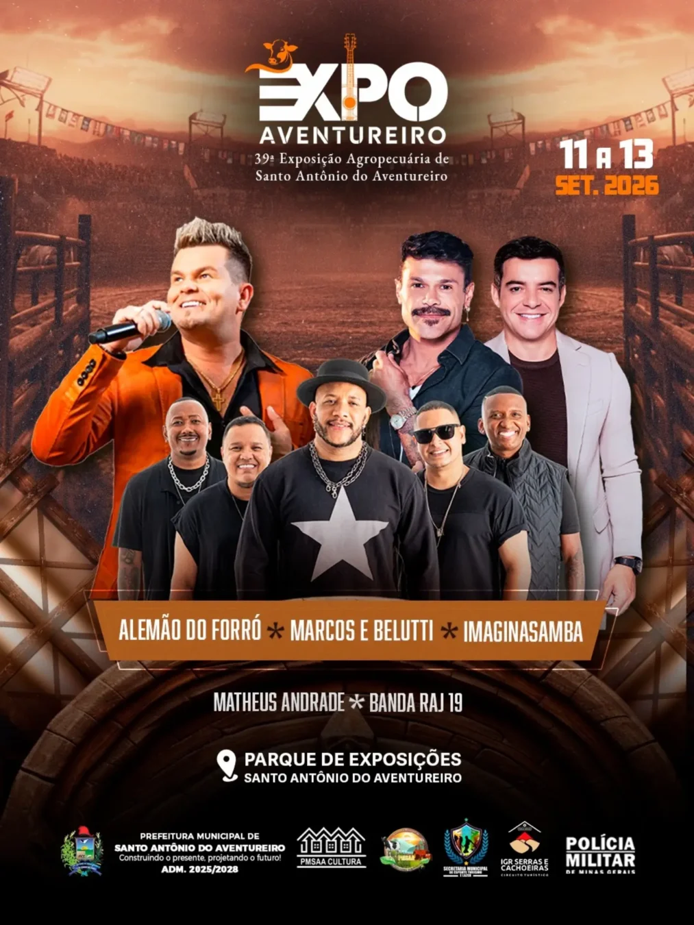 Expo Aventureiro 2026 - Cartaz oficial da 39ª Exposição Agropecuária com Marcos & Belutti, Alemão do Forró e ImaginaSamba