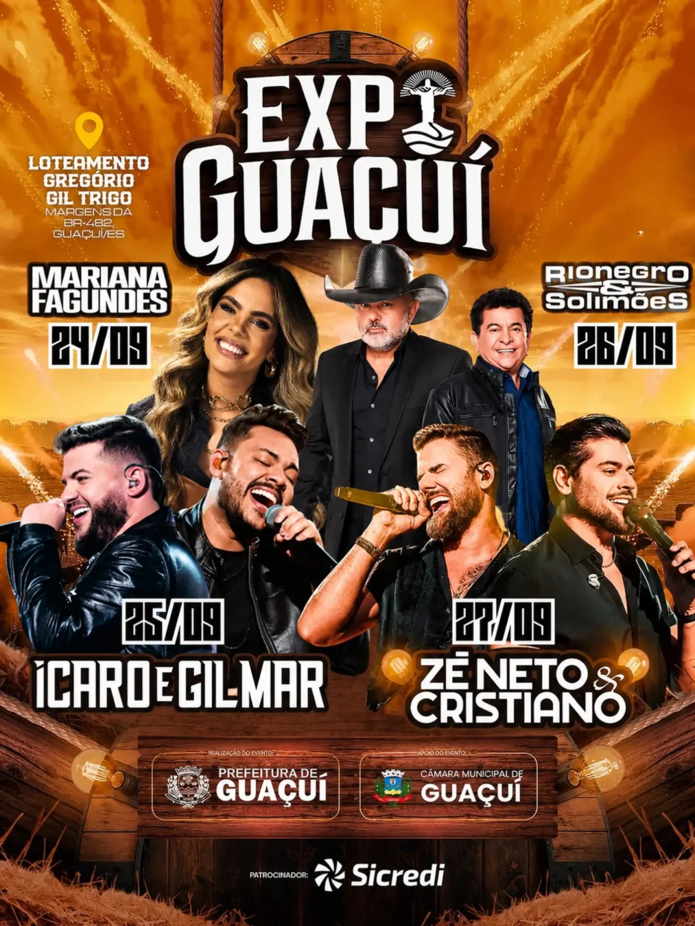 Expo Guaçuí 2026 - Cartaz oficial com Zé Neto & Cristiano, Ícaro & Gilmar, Rionegro & Solimões e Mariana Fagundes