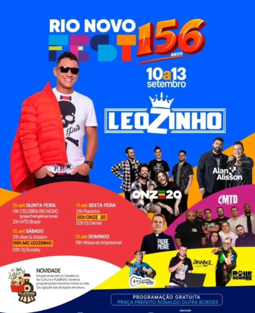 Histórico de Eventos 10 Festa Rio Novo 2026 : Programação de Shows