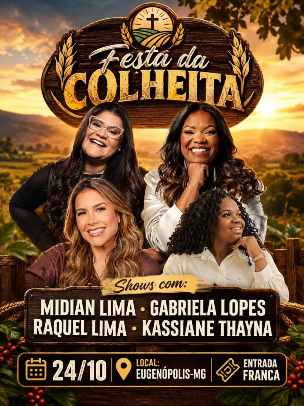 Festa da Colheita Eugenópolis 2026 - Cartaz oficial do evento gospel com Midian Lima e Gabriela Lopes