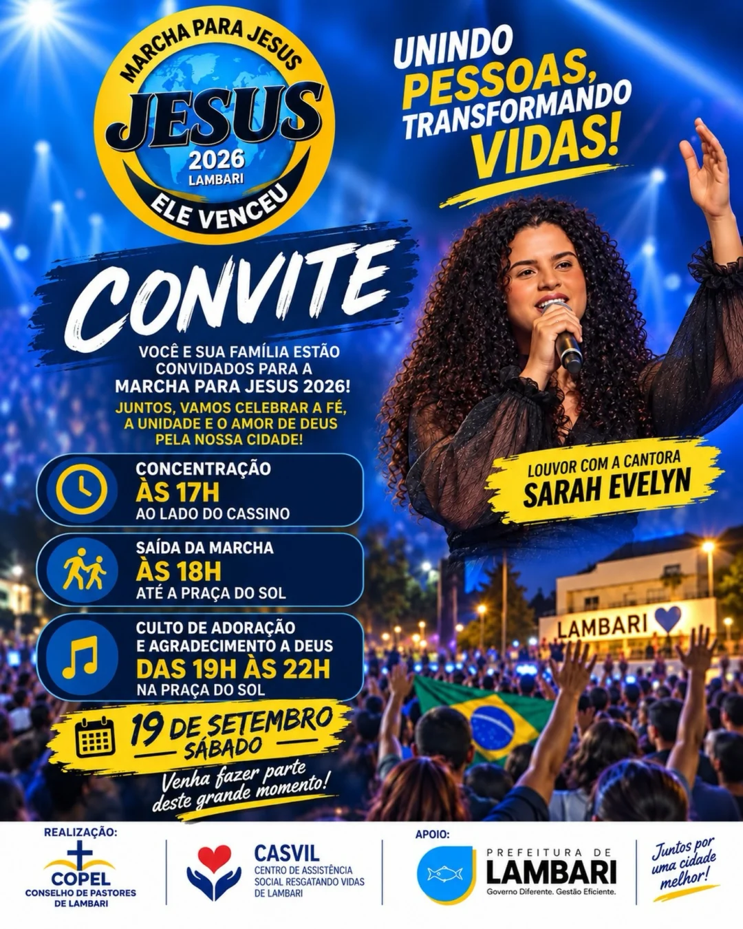 Marcha para Jesus Lambari 2026: Sarah Evelyn e Louvor 1 Marcha para Jesus Lambari 2026 - Cartaz oficial do evento em Lambari MG