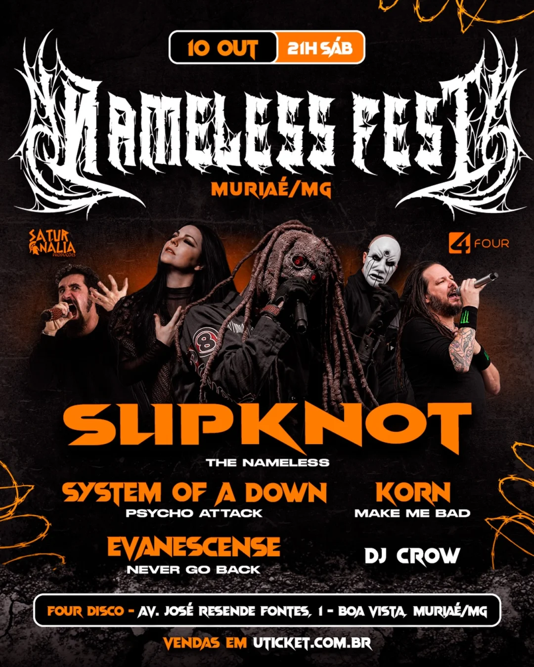 Nameless Fest Muriaé 2026: Rock e Tributos na Four Disco 1 Nameless Fest Muriaé 2026 - Cartaz oficial do evento de rock em Muriaé MG