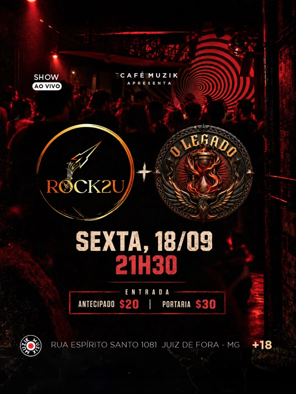 Noite do Rock Café Muzik 2026 - Cartaz oficial dos shows das bandas Rock2U e O Legado