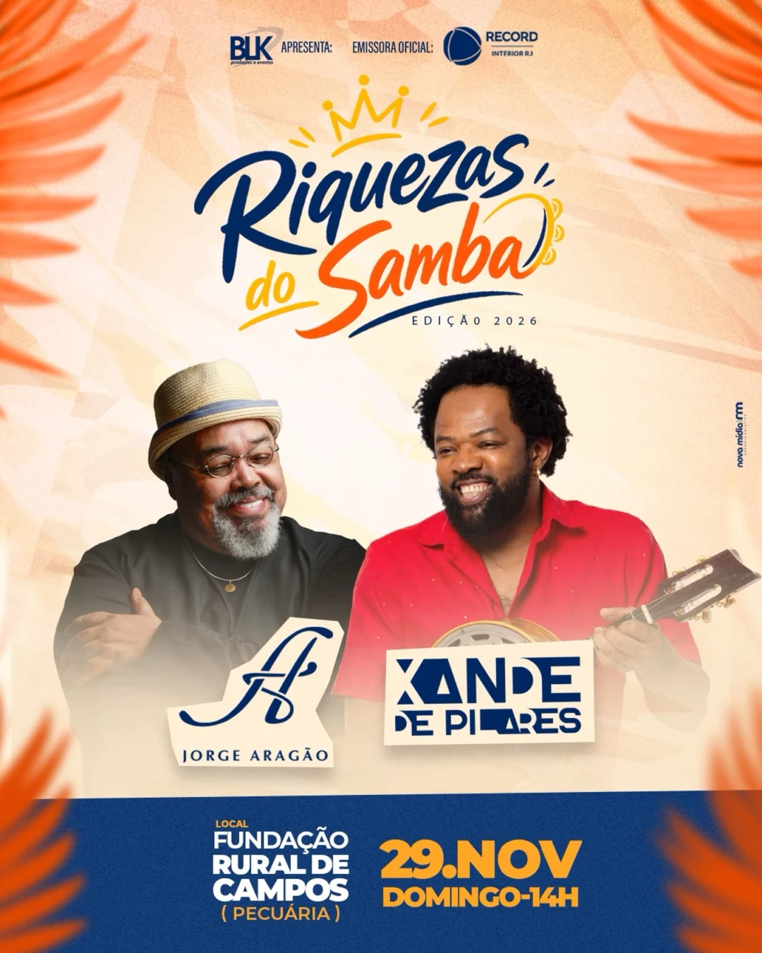 Riquezas do Samba Campos 2026: Jorge Aragão e Xande 1 Riquezas do Samba Campos 2026 - Cartaz oficial do evento com Jorge Aragão e Xande de Pilares na Fundação Rural de Campos (RJ)