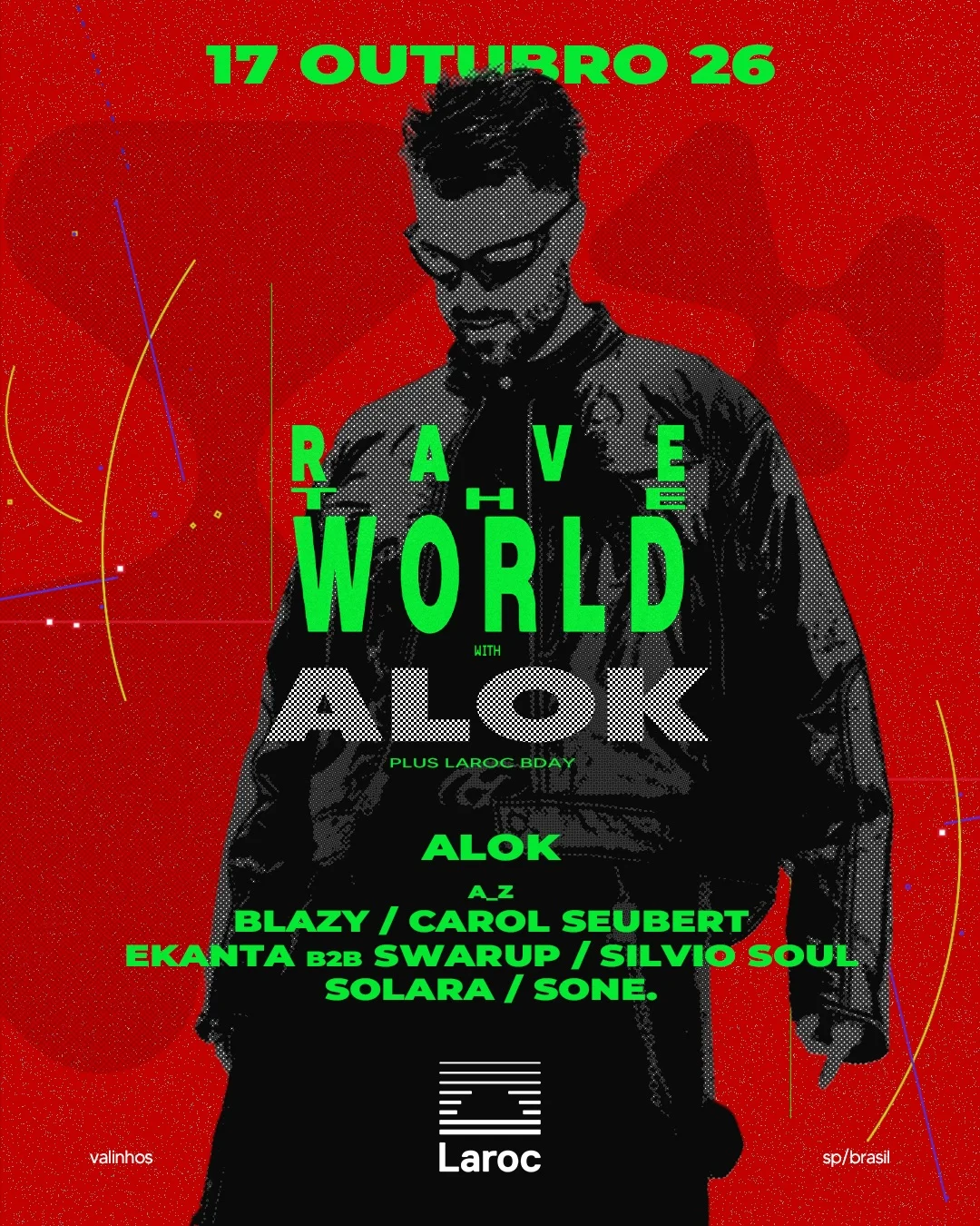 Alok Laroc Club 2026 cartaz oficial da turnê Rave the World com line-up completo em Valinhos SP