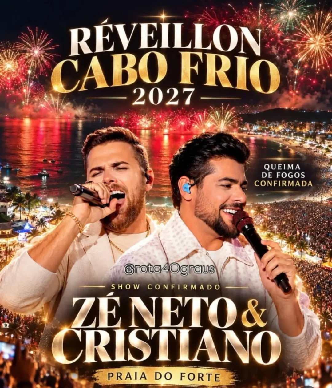 Réveillon Cabo Frio 2027 cartaz oficial do show da virada com Zé Neto e Cristiano na Praia do Forte